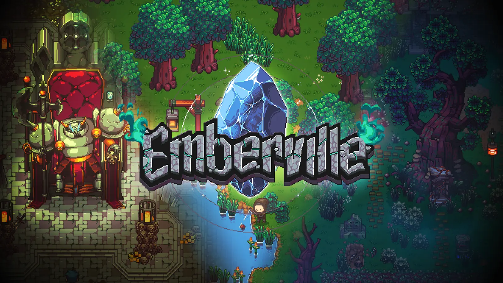 Emberville key art: the crystal and logo over a stone plaza, beside a red throne