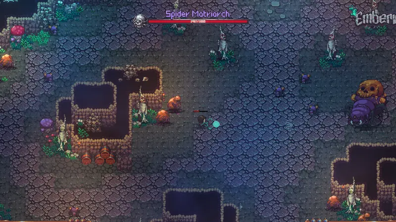 Emberville screenshot: the Spider Matriarch boss fight in a cave of skeletons and glowing mushrooms