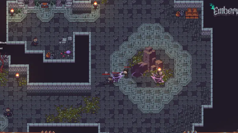 Emberville screenshot: a fight around a ruined altar in a stone dungeon chamber