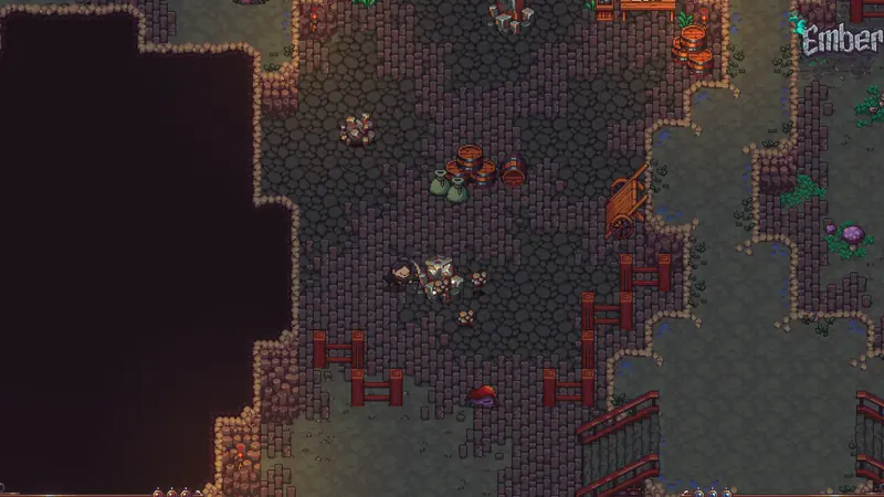 Emberville screenshot: a cobbled cave floor at the edge of the darkness