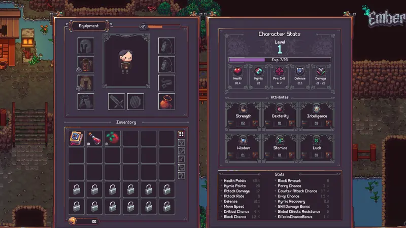 Emberville screenshot: the equipment, inventory and Character Stats screens with the six attributes