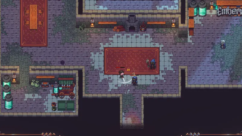 Emberville screenshot: a stone workshop with rugs, glowing tanks and a workbench