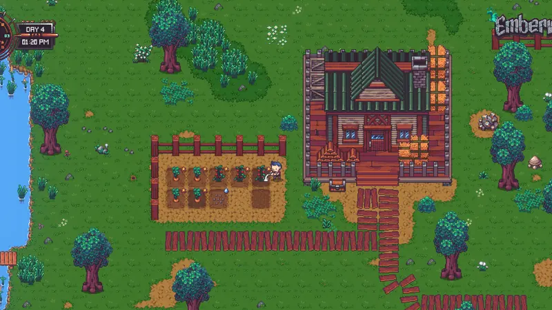 Emberville screenshot: a farmhouse beside a fenced crop field on a sunny day