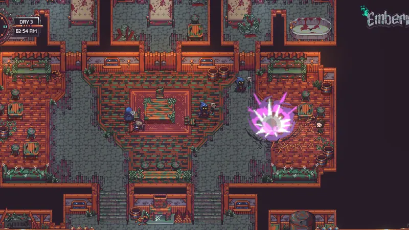 Emberville screenshot: hooded figures and a burst of purple magic in a red-brick hall