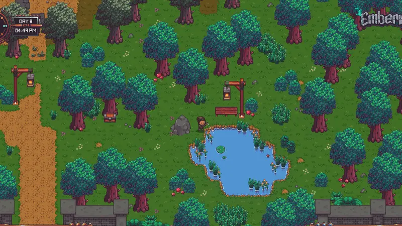 Emberville screenshot: a forest clearing with a pond, a bench and lantern posts